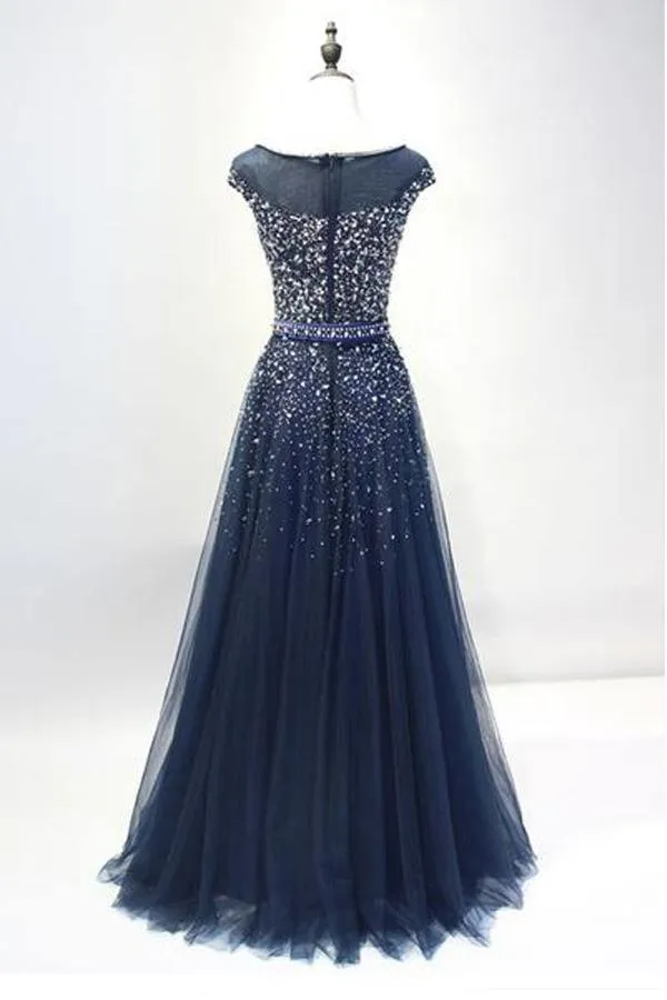 Navy Blue Round Neck Tulle Sequins Full Length Prom Dresses  PSK101