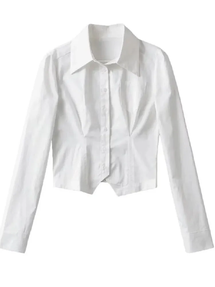 Pleated Extra Long French Lapel Dropped Slim Crop Blouse