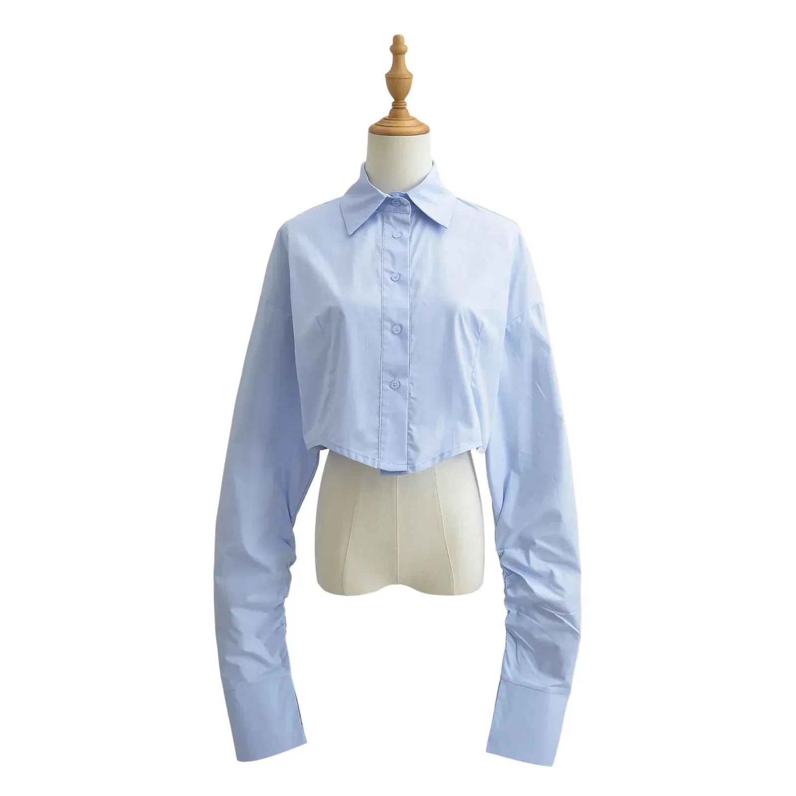 Pleated Extra Long French Lapel Dropped Slim Crop Blouse