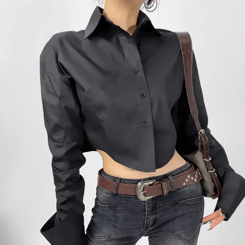 Pleated Extra Long French Lapel Dropped Slim Crop Blouse