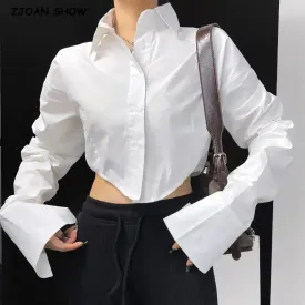 Pleated Extra Long French Lapel Dropped Slim Crop Blouse