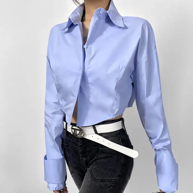 Pleated Extra Long French Lapel Dropped Slim Crop Blouse