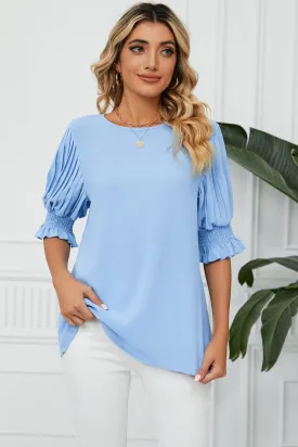 Pleated Flounce Sleeve Keyhole Blouse