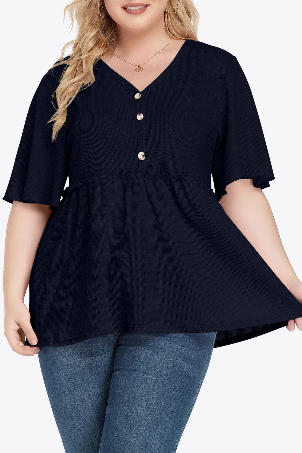 Plus Size Buttoned V-Neck Frill Trim Babydoll Blouse