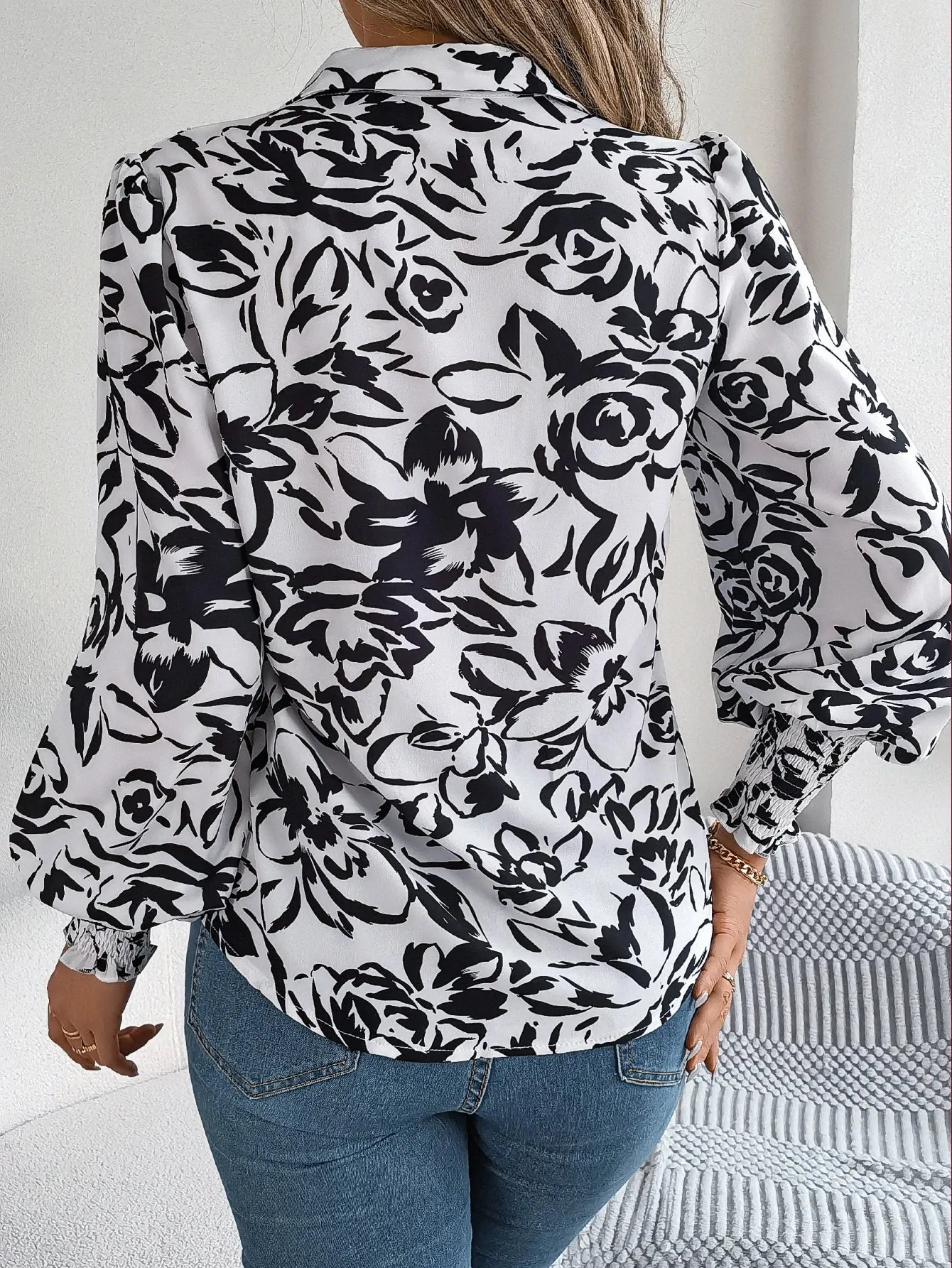 Print Button Floral Casual Front Sleeve Lantern Blouse