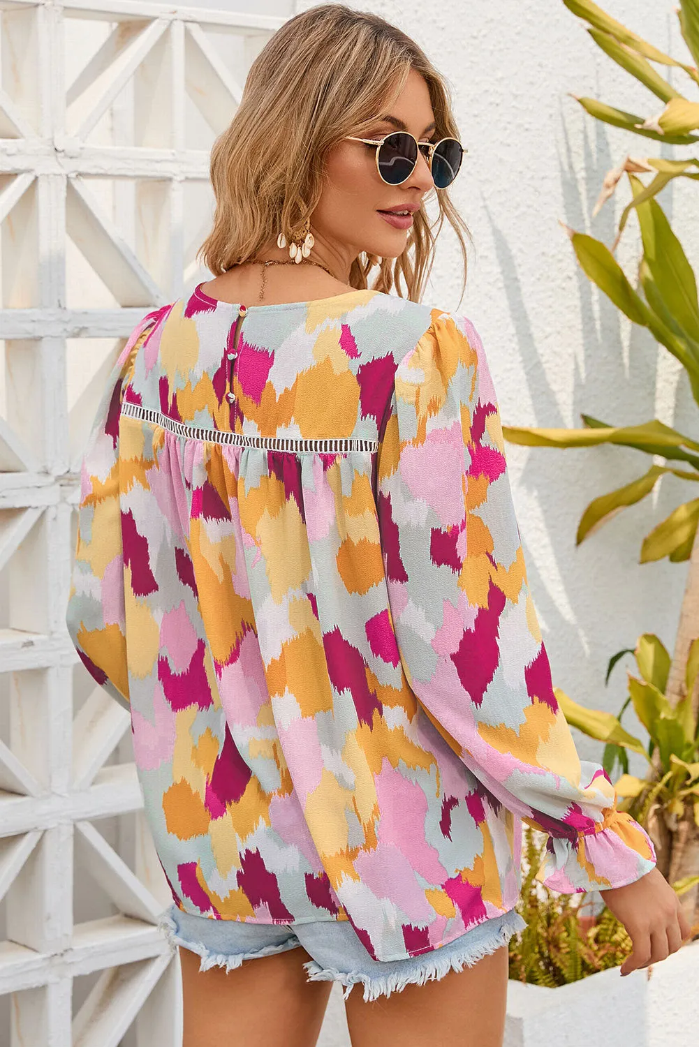 Printed Flounce Sleeve Buttoned Blouse