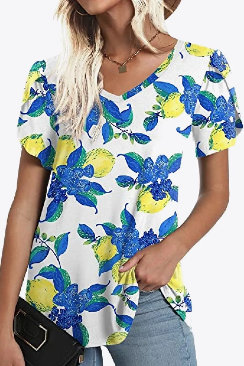 Printed Petal Sleeve V-Neck Blouse