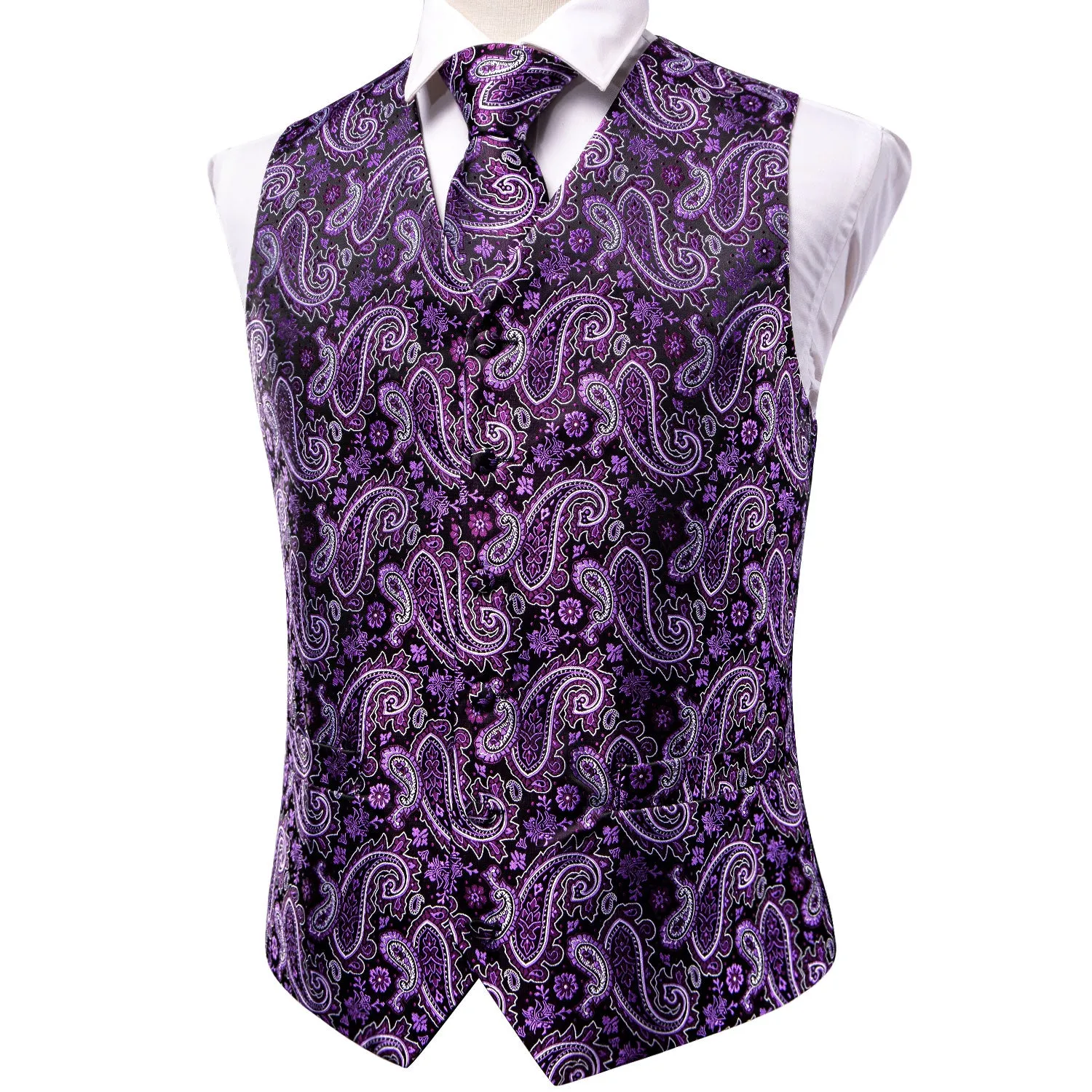 Purple Paisley Floral Silk Men's Vest Hanky Cufflinks Tie Set Waistcoat Suit Set