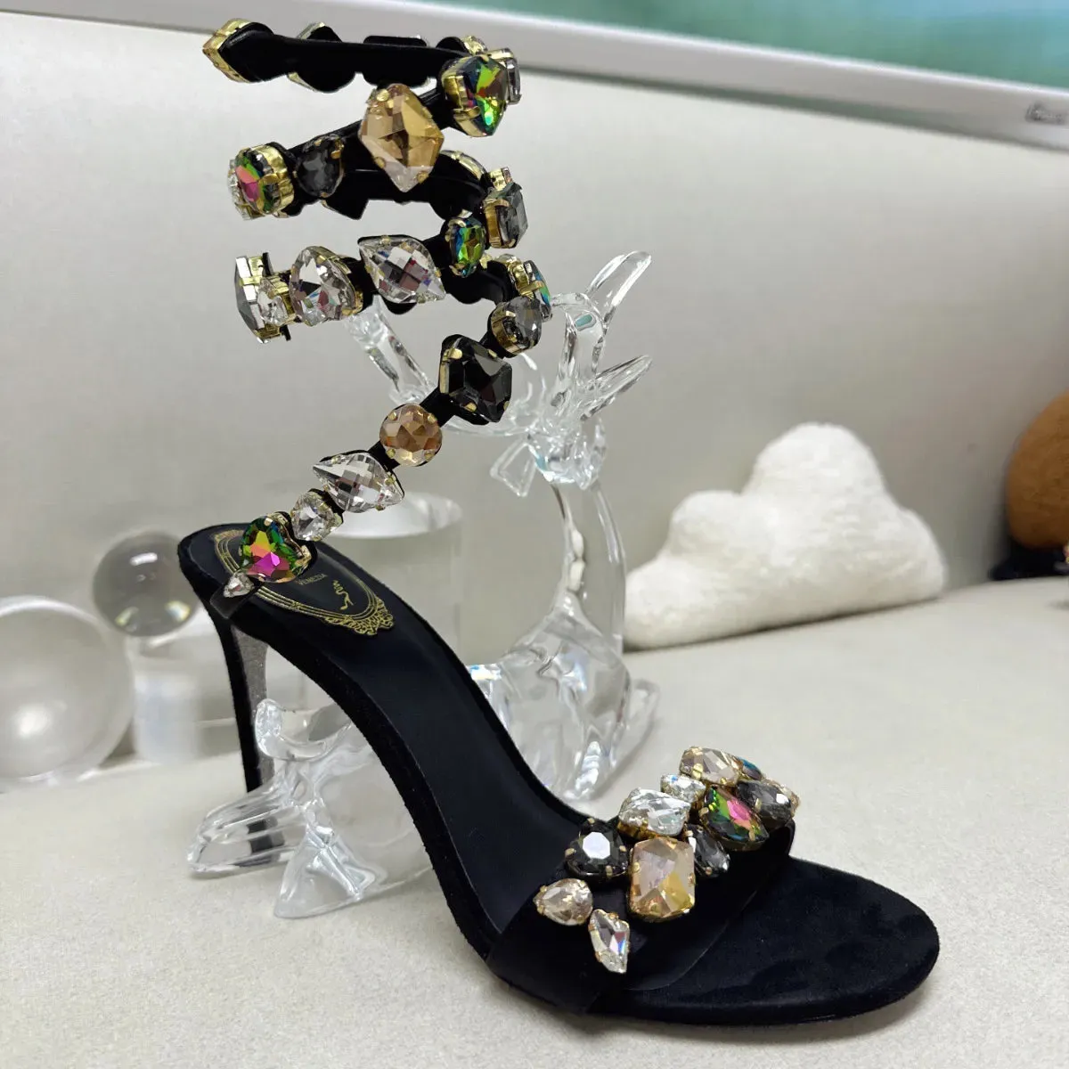 Rene Caovilla Cleo sandals Pearl Crystals Gem Embellished stiletto Heels Evening shoes women high heeled Luxury Designers Wraparound Dress shoes factory footwear