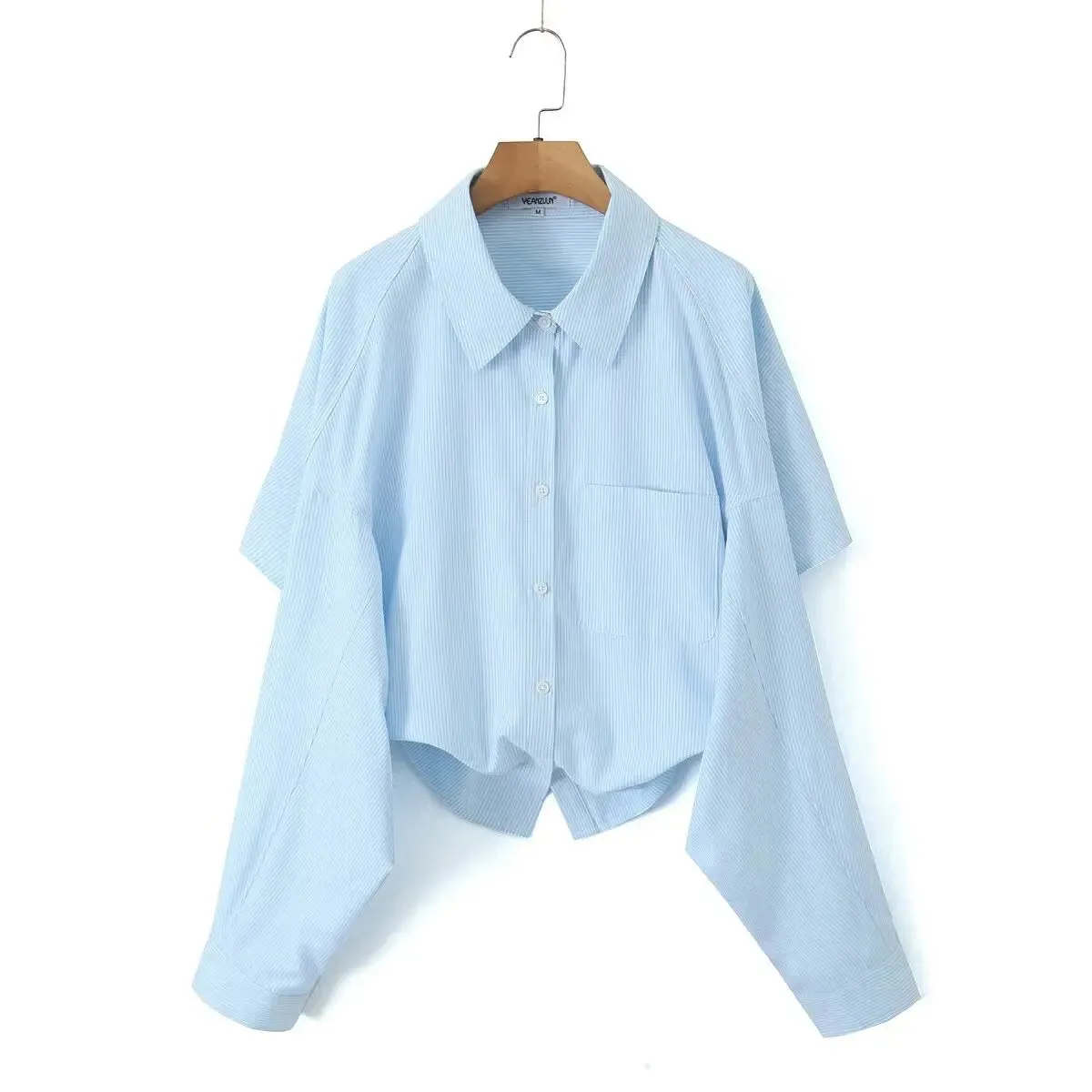 Retro Blue Cropped Backless Bat Loose Blouse