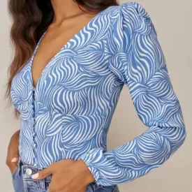 Retro Blue Zebra Striped V Slim Cropped Tops Blouse