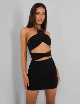 Rose Detail Halter Tie Neck Mini Dress Black