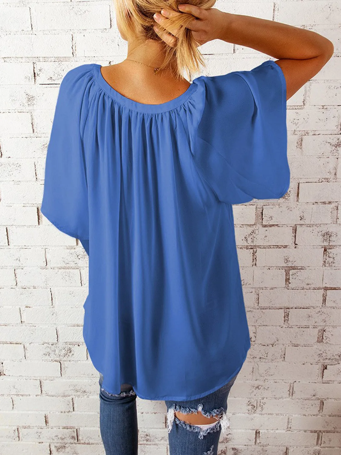 Ruched Notched Half Sleeve Blouse