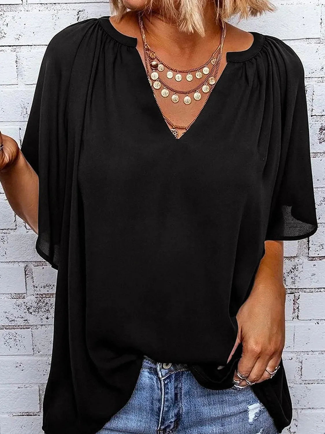 Ruched Notched Half Sleeve Blouse