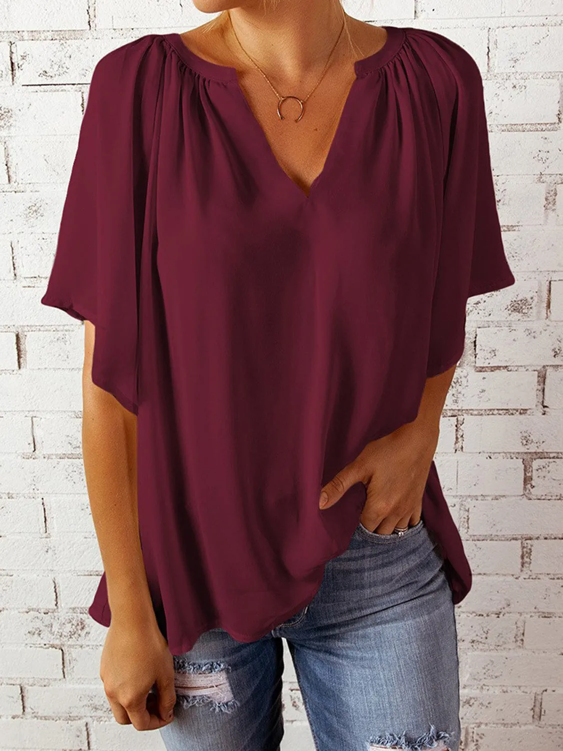 Ruched Notched Half Sleeve Blouse