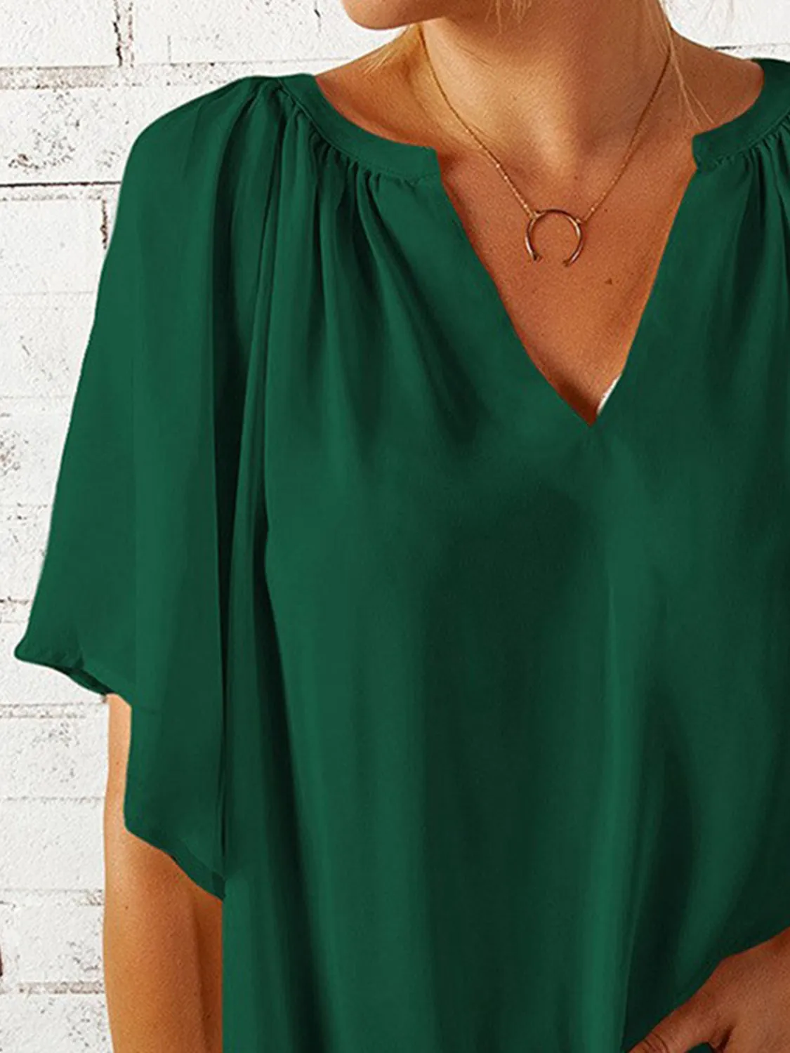 Ruched Notched Half Sleeve Blouse