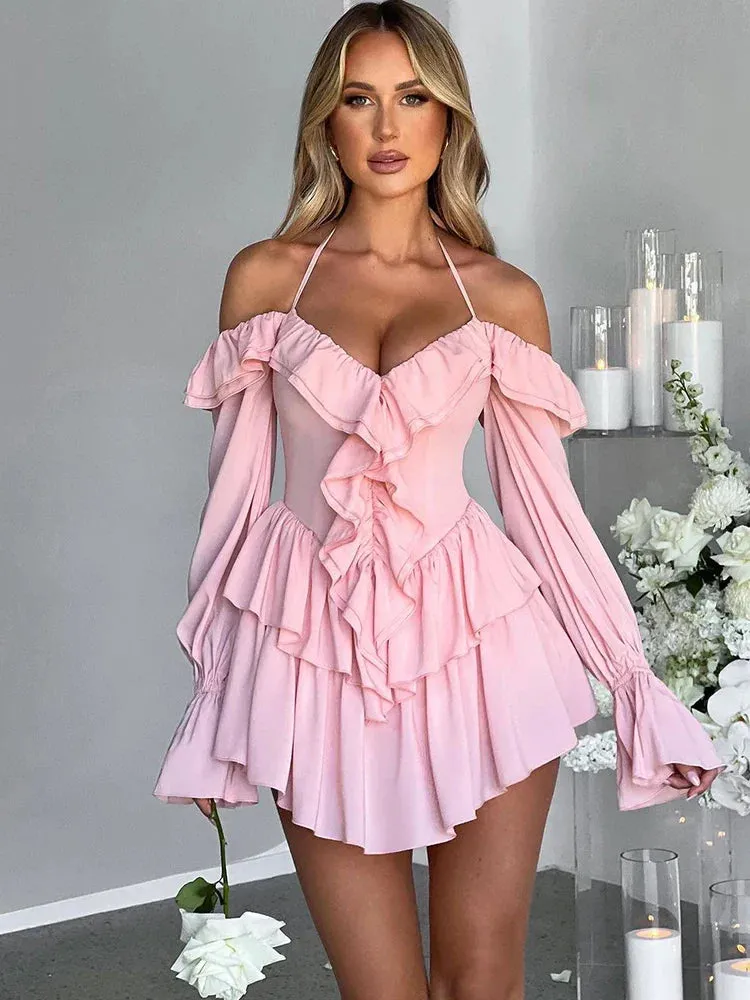 Ruffle Sleeve Halter Slim Nightclub Sexy Party Autumn Winter Mini Dress