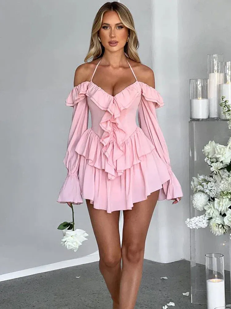 Ruffle Sleeve Halter Slim Nightclub Sexy Party Autumn Winter Mini Dress