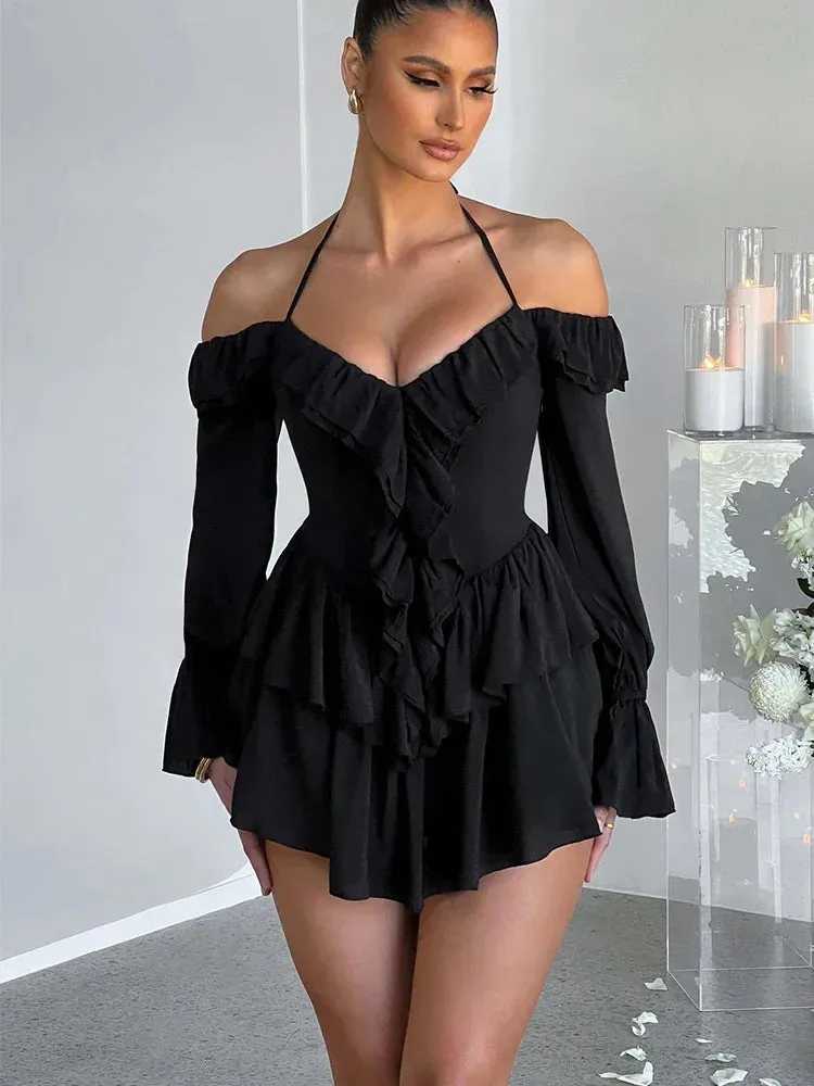 Ruffle Sleeve Halter Slim Nightclub Sexy Party Autumn Winter Mini Dress