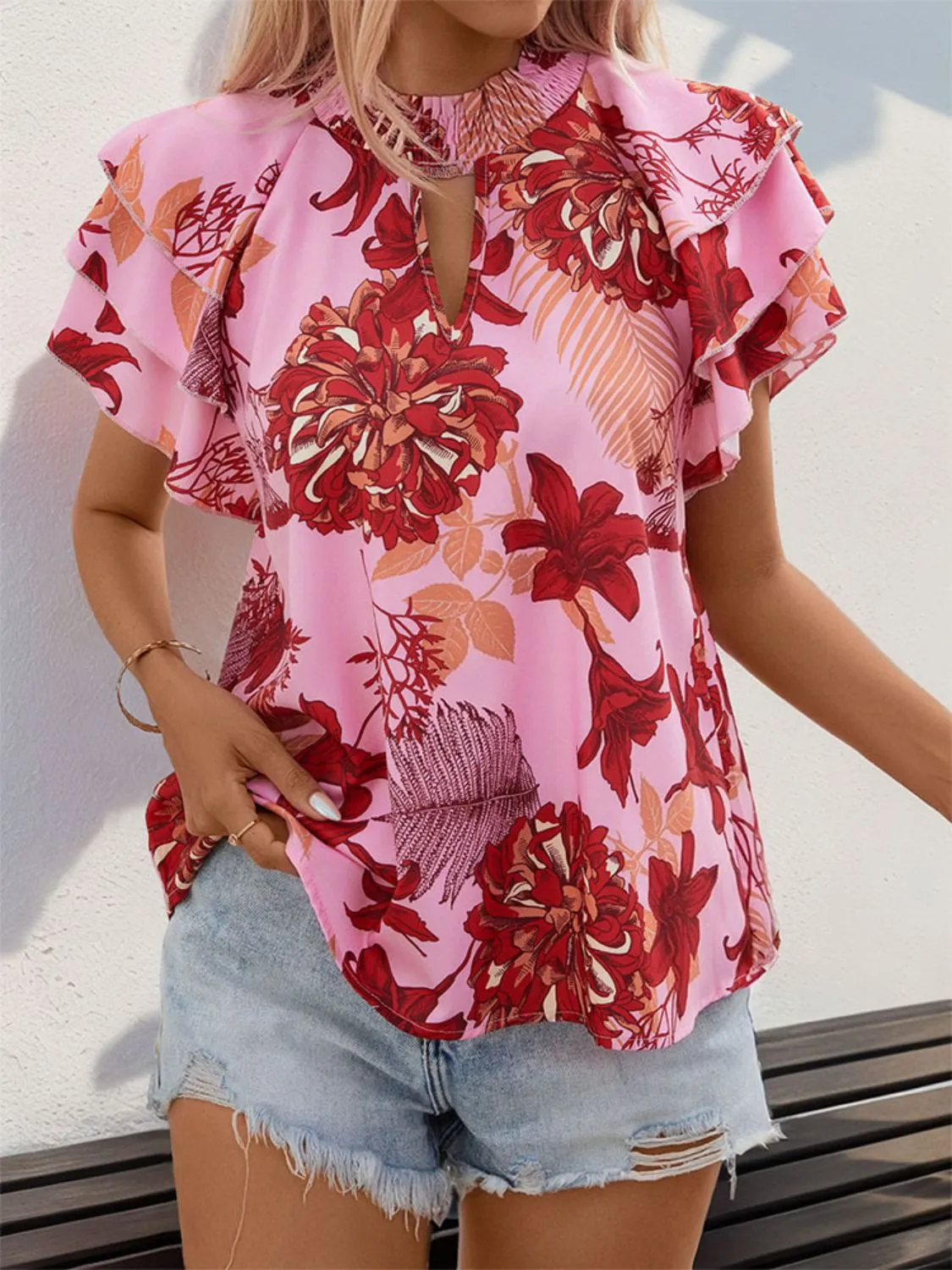 Ruffled Printed Round Neck Short Sleeve Blouse