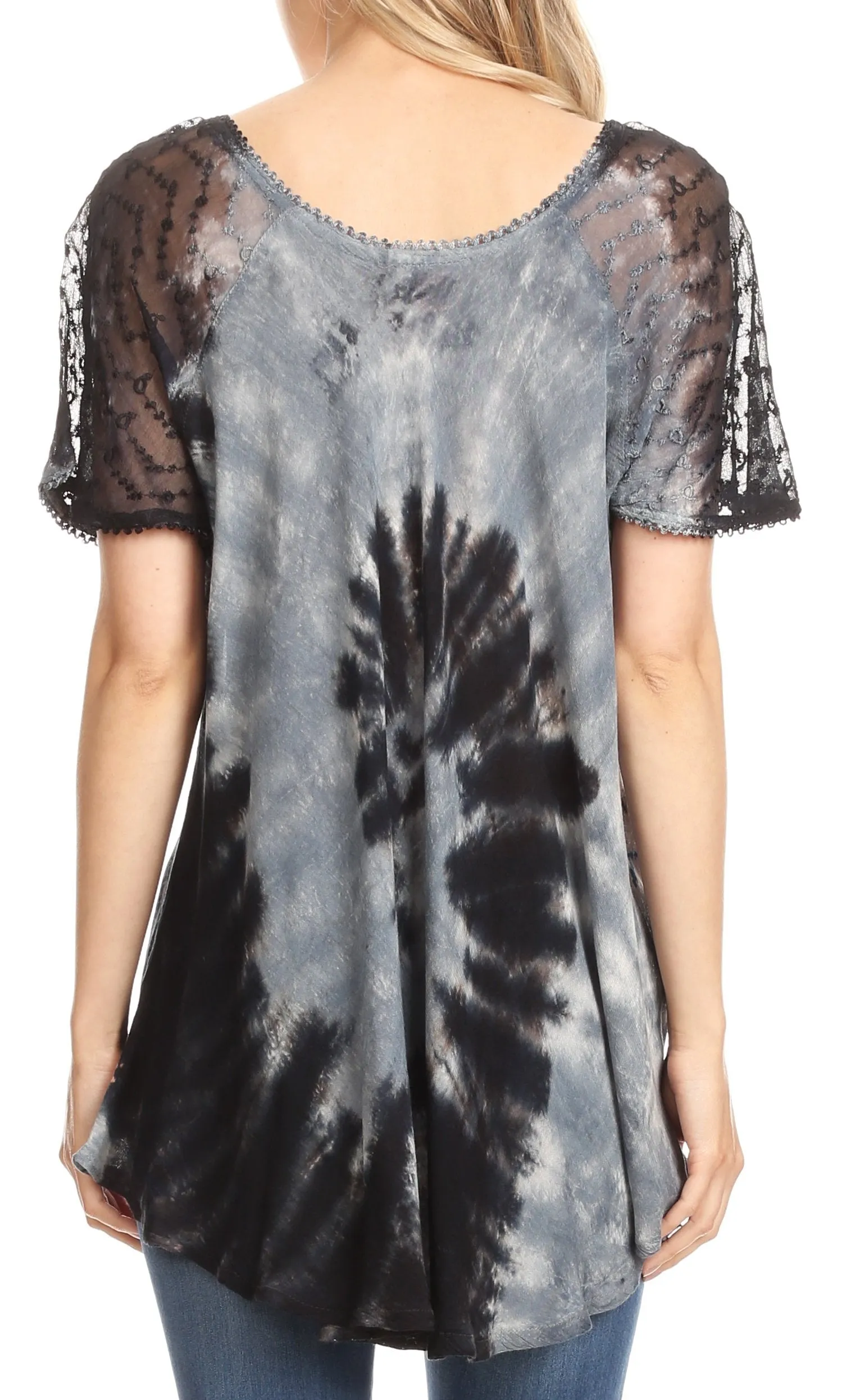 Sakkas Hira Women Short Sleeve Eyelet Lace Blouse Top in Tie-dye with Corset Flowy