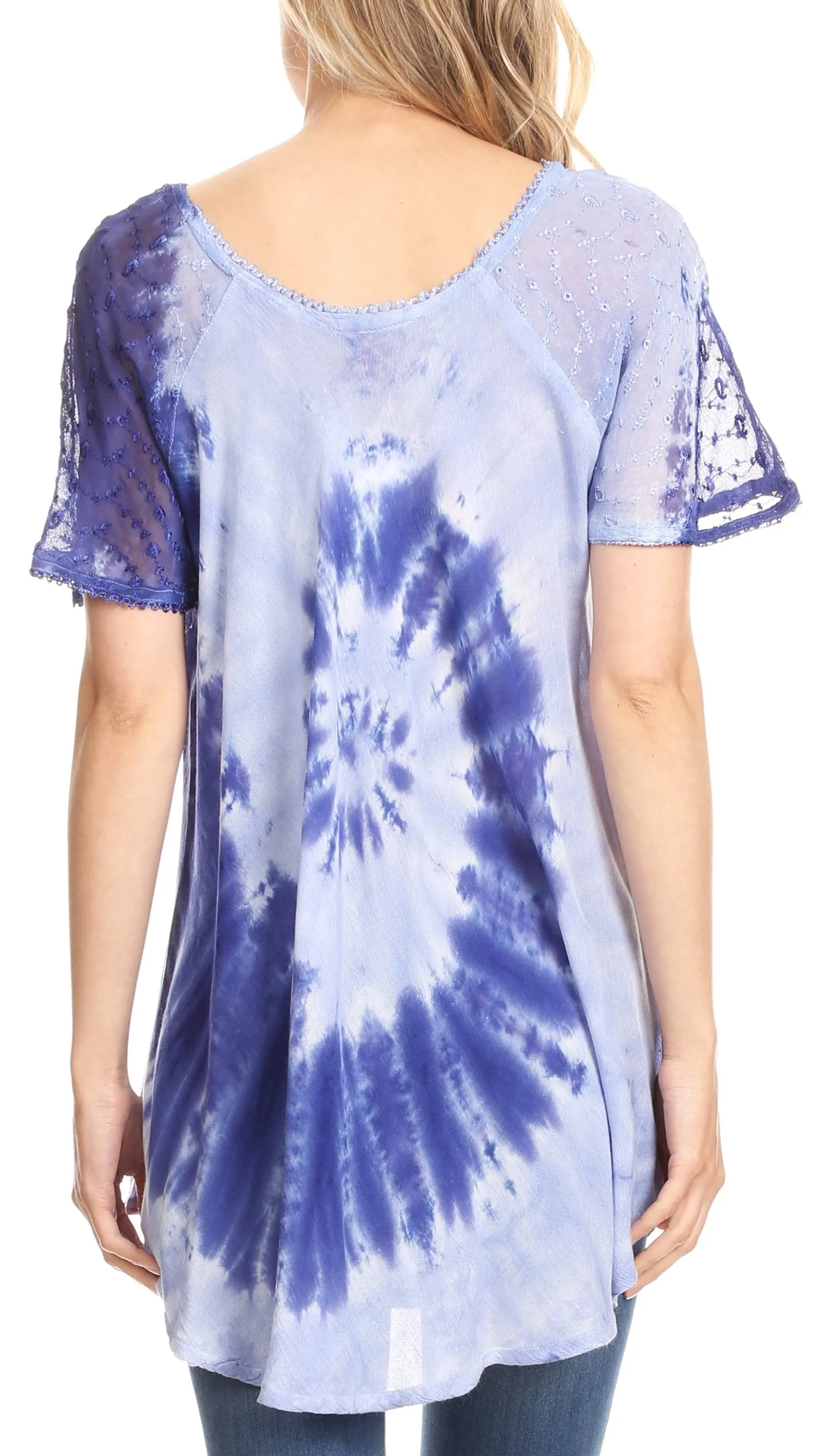 Sakkas Hira Women Short Sleeve Eyelet Lace Blouse Top in Tie-dye with Corset Flowy