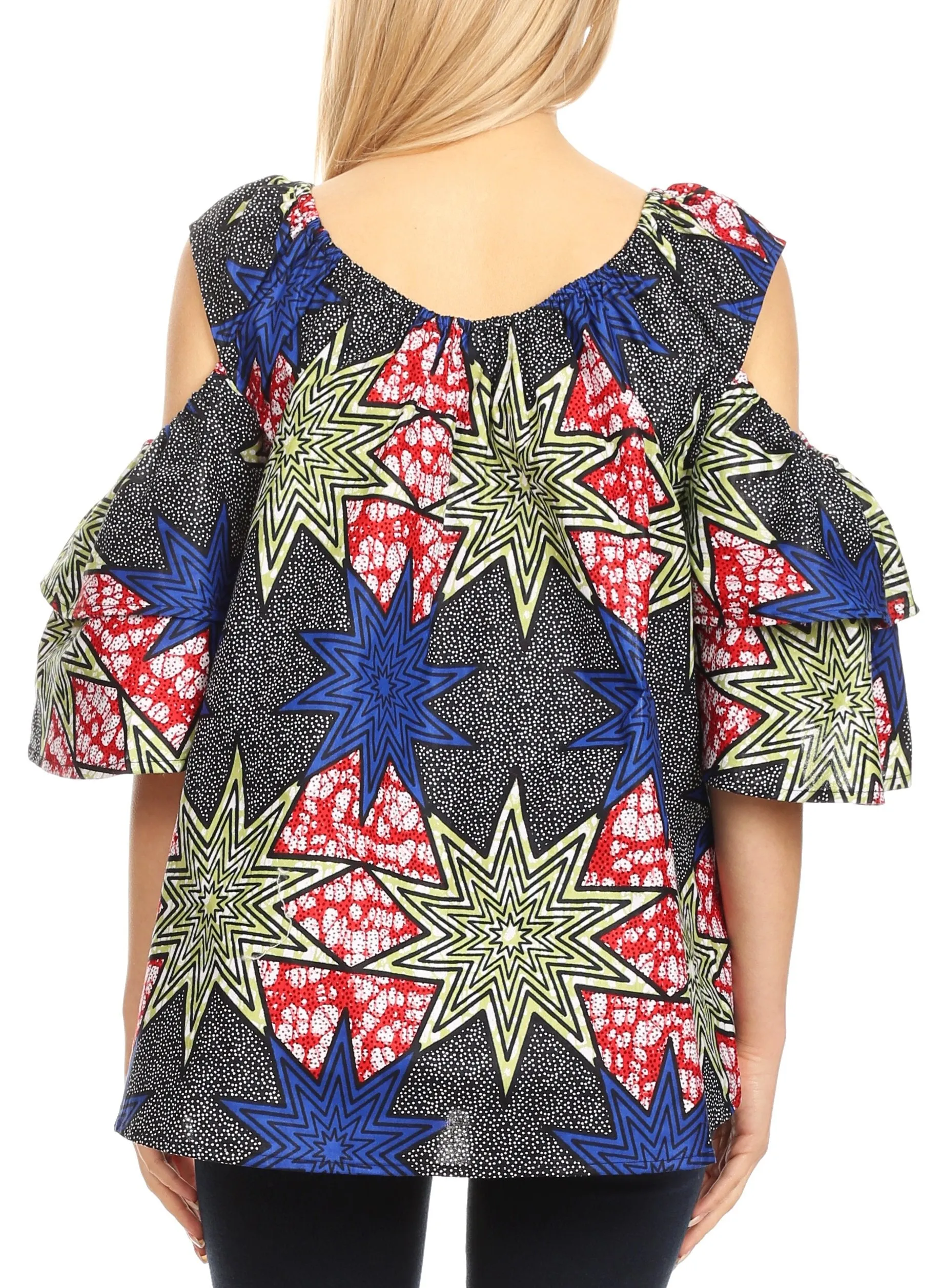 Sakkas Miranda Women's African Ankara Cold Shoulder Short Sleeve Flare Top Blouse