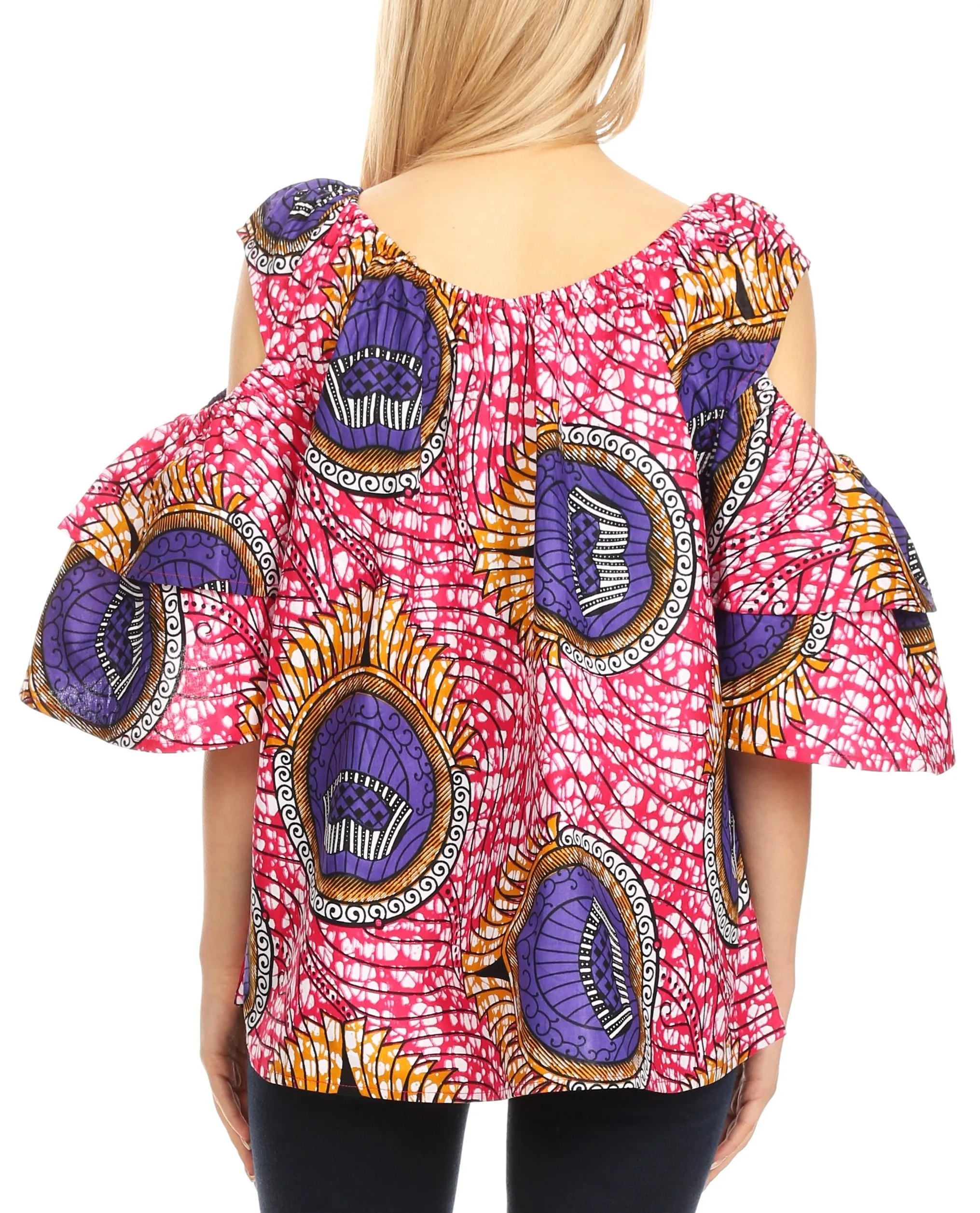 Sakkas Miranda Women's African Ankara Cold Shoulder Short Sleeve Flare Top Blouse