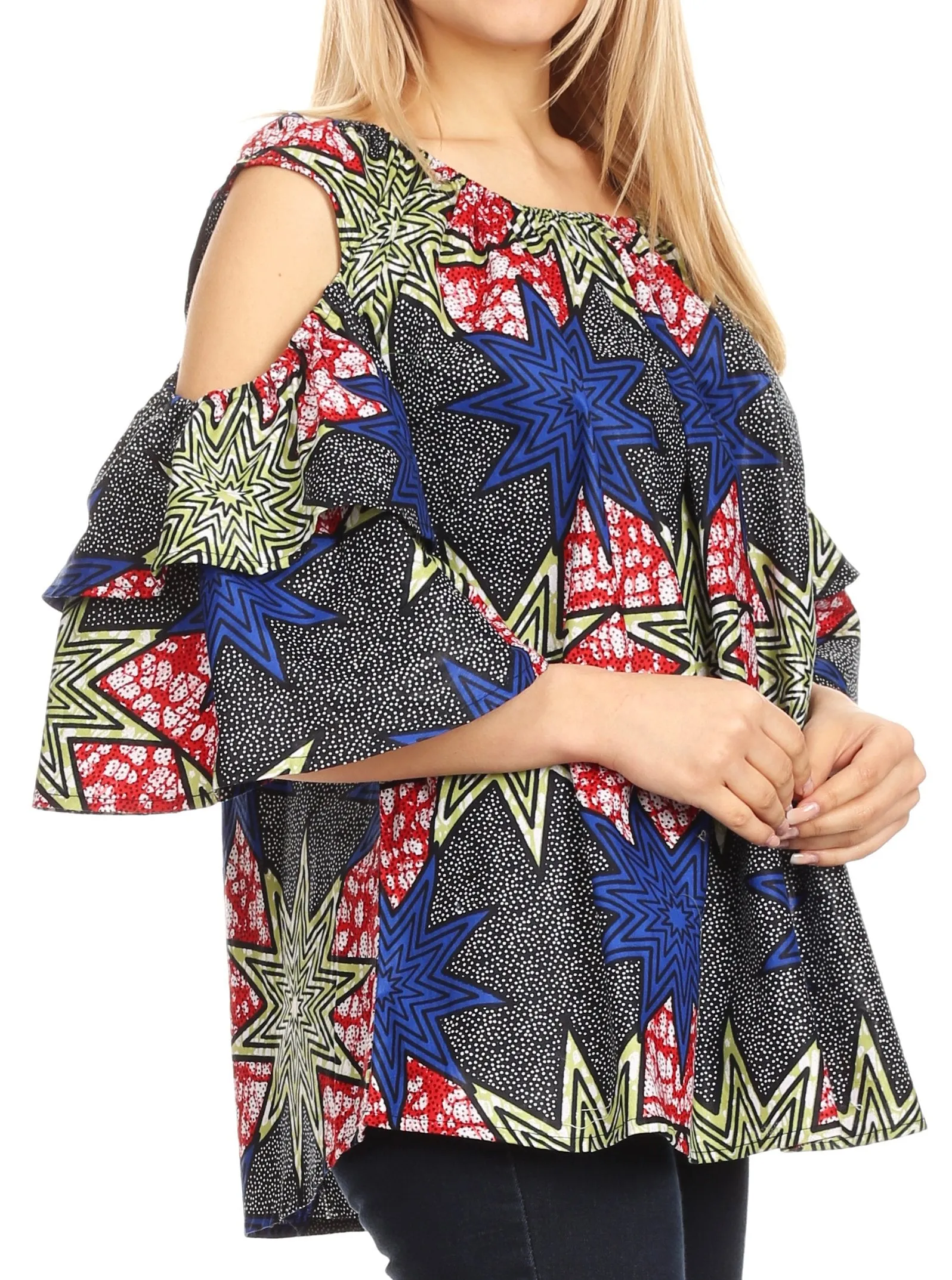 Sakkas Miranda Women's African Ankara Cold Shoulder Short Sleeve Flare Top Blouse