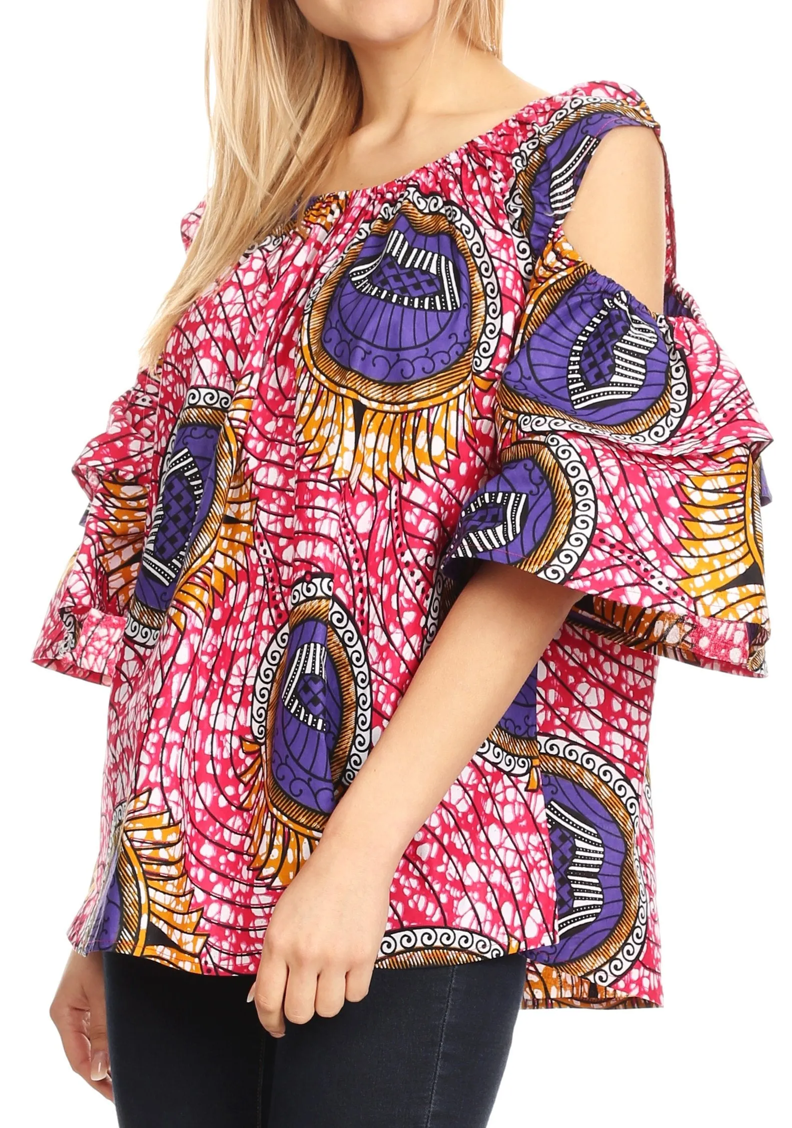 Sakkas Miranda Women's African Ankara Cold Shoulder Short Sleeve Flare Top Blouse