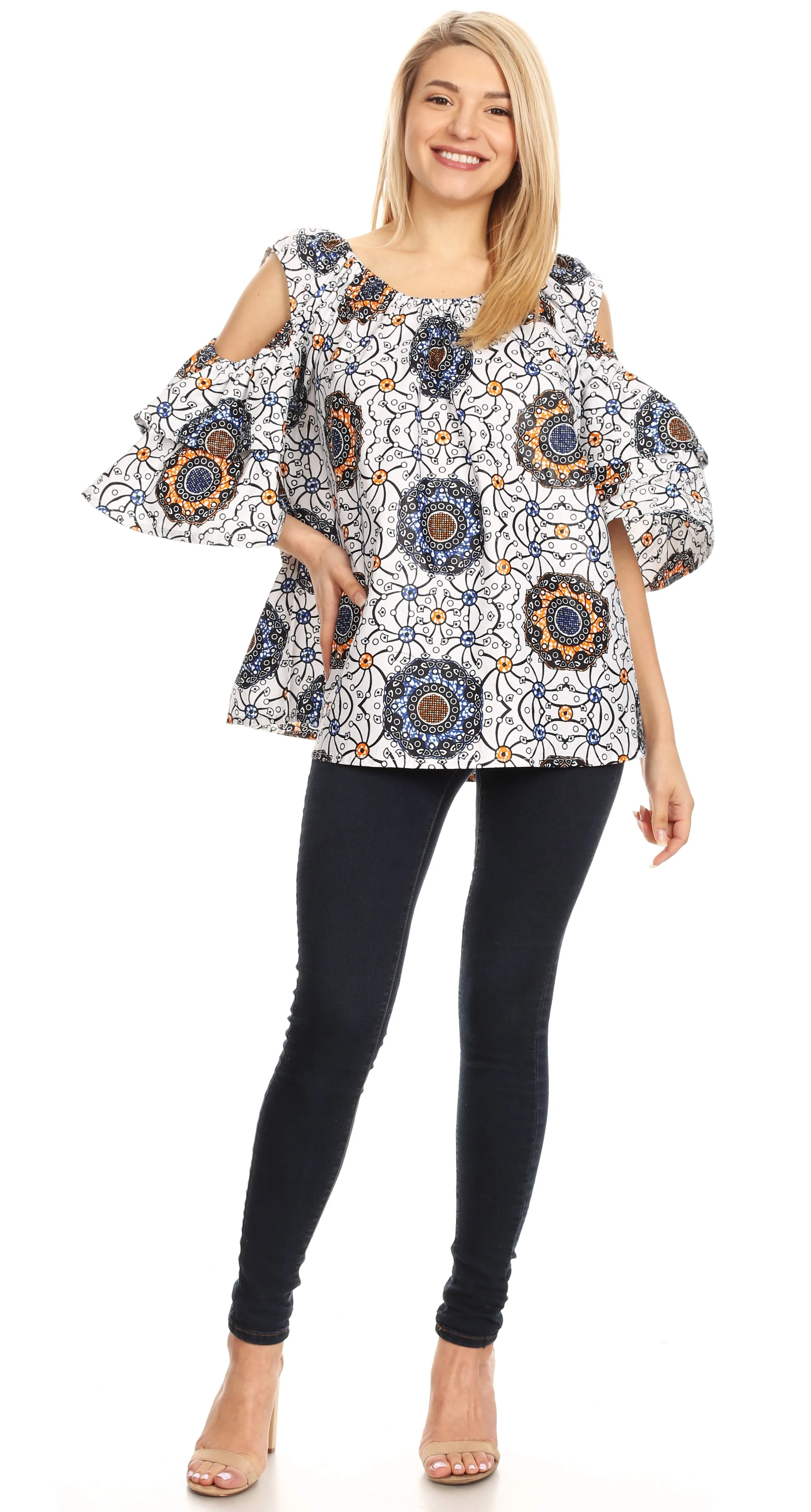 Sakkas Miranda Women's African Ankara Cold Shoulder Short Sleeve Flare Top Blouse