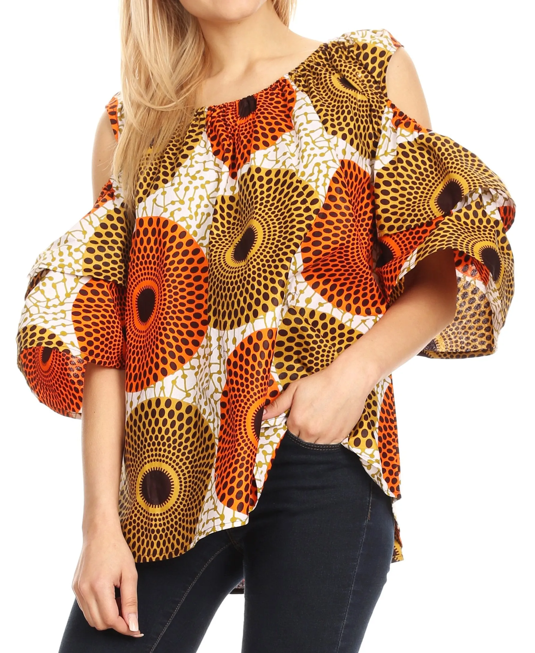 Sakkas Miranda Women's African Ankara Cold Shoulder Short Sleeve Flare Top Blouse