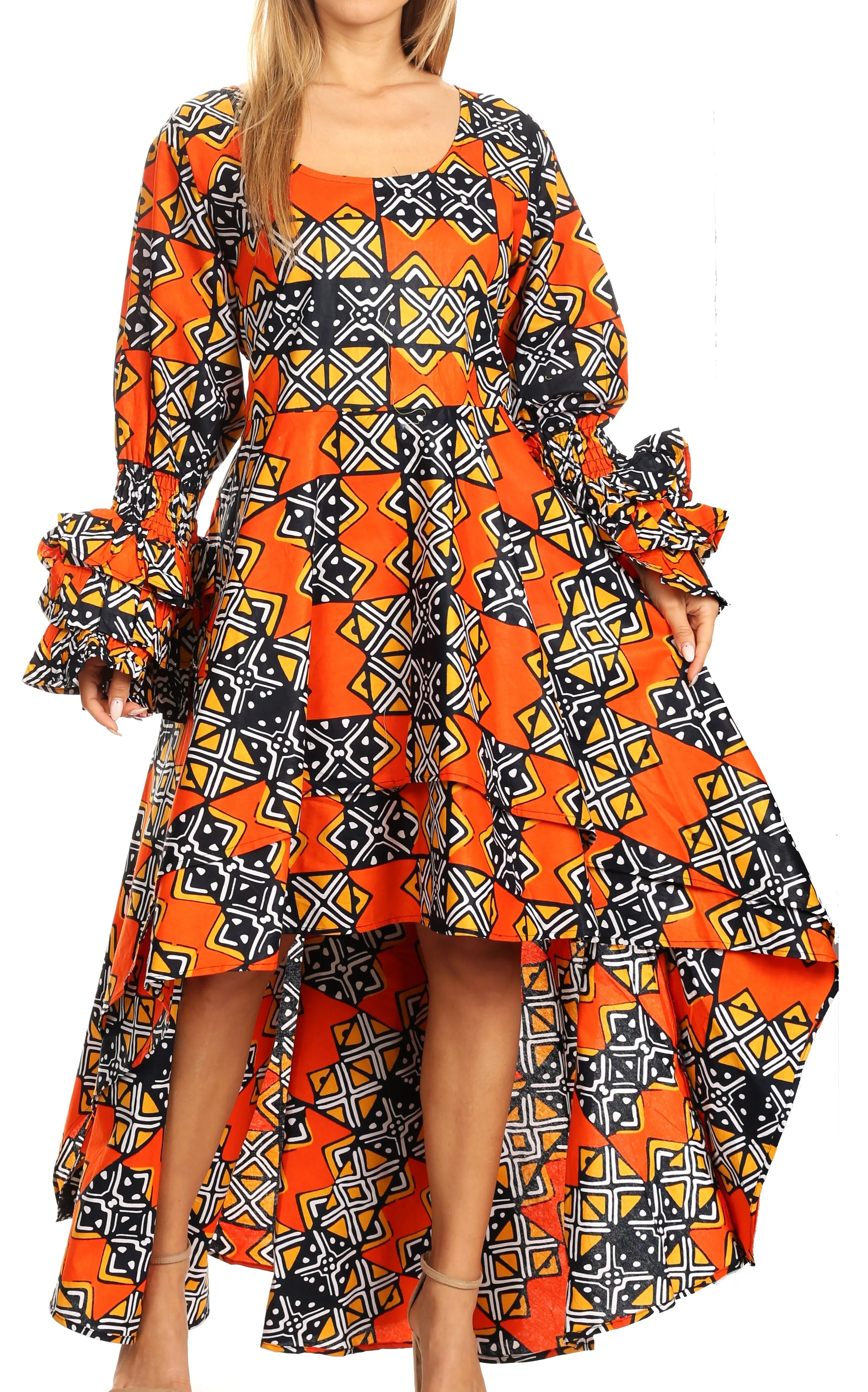 Sakkas Sofi Women's Long Sleeve High-low Dress African Ankara with Pockets Party