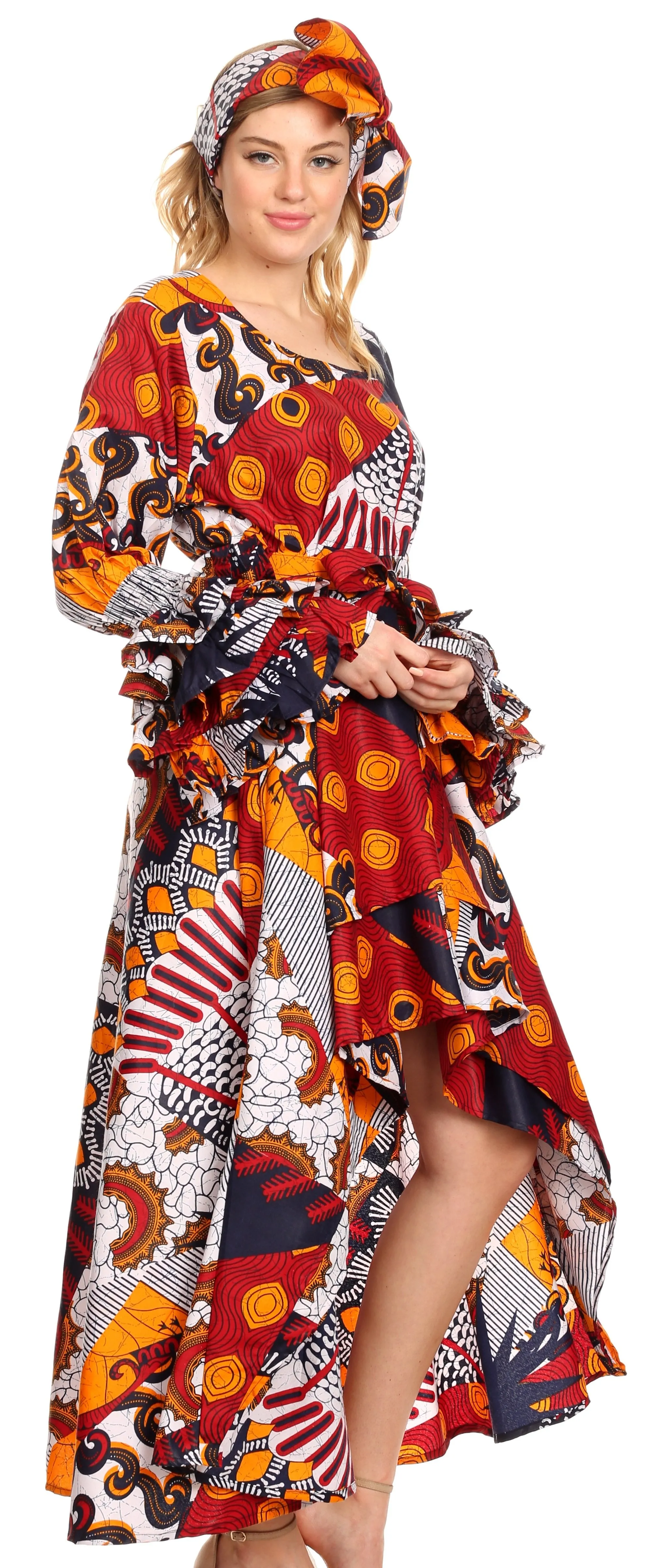 Sakkas Sofi Women's Long Sleeve High-low Dress African Ankara with Pockets Party