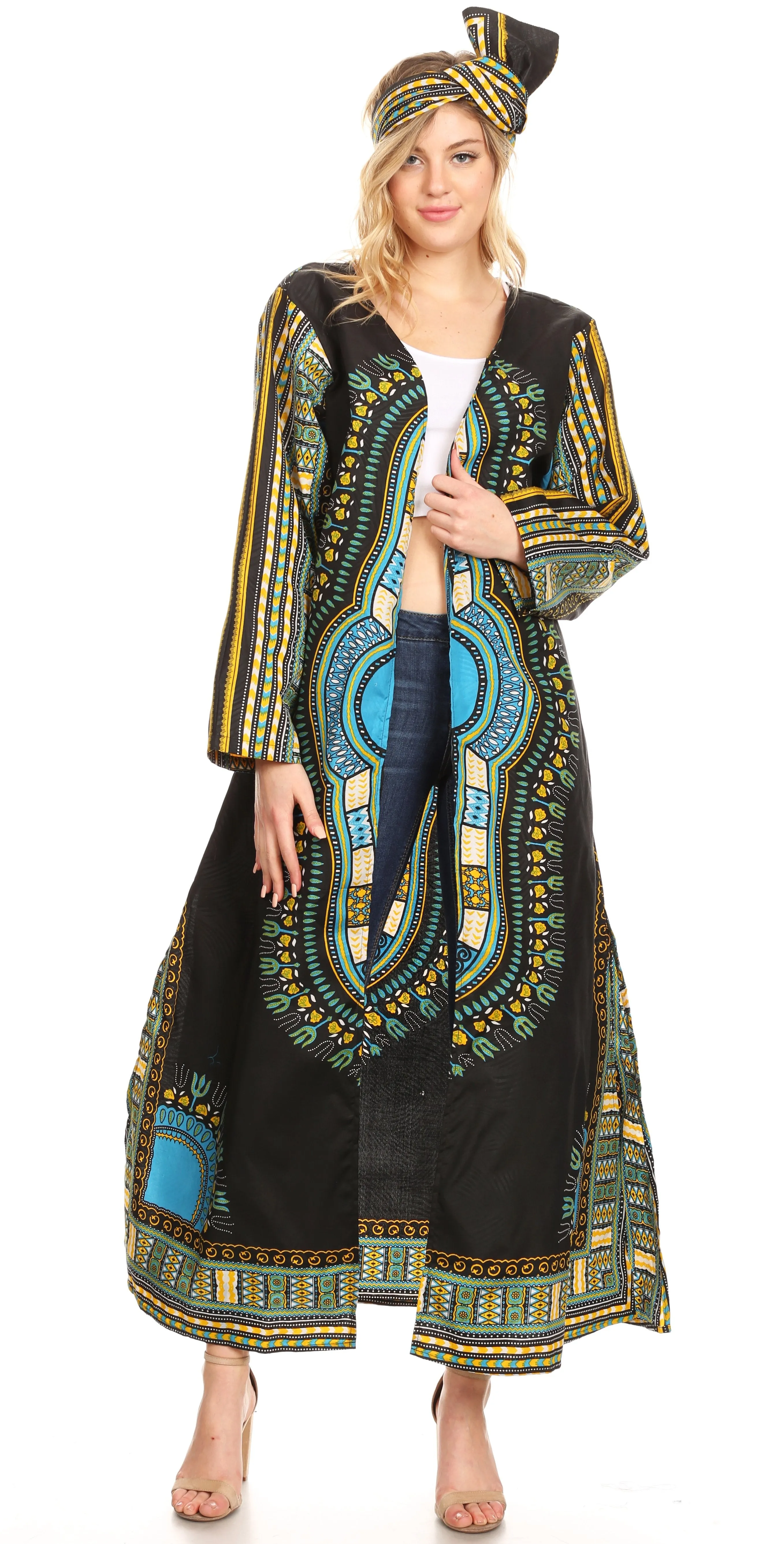 Sakkas Soledad Women's Long Sleeve Open Front Cardigan Dress Coat Dashiki African