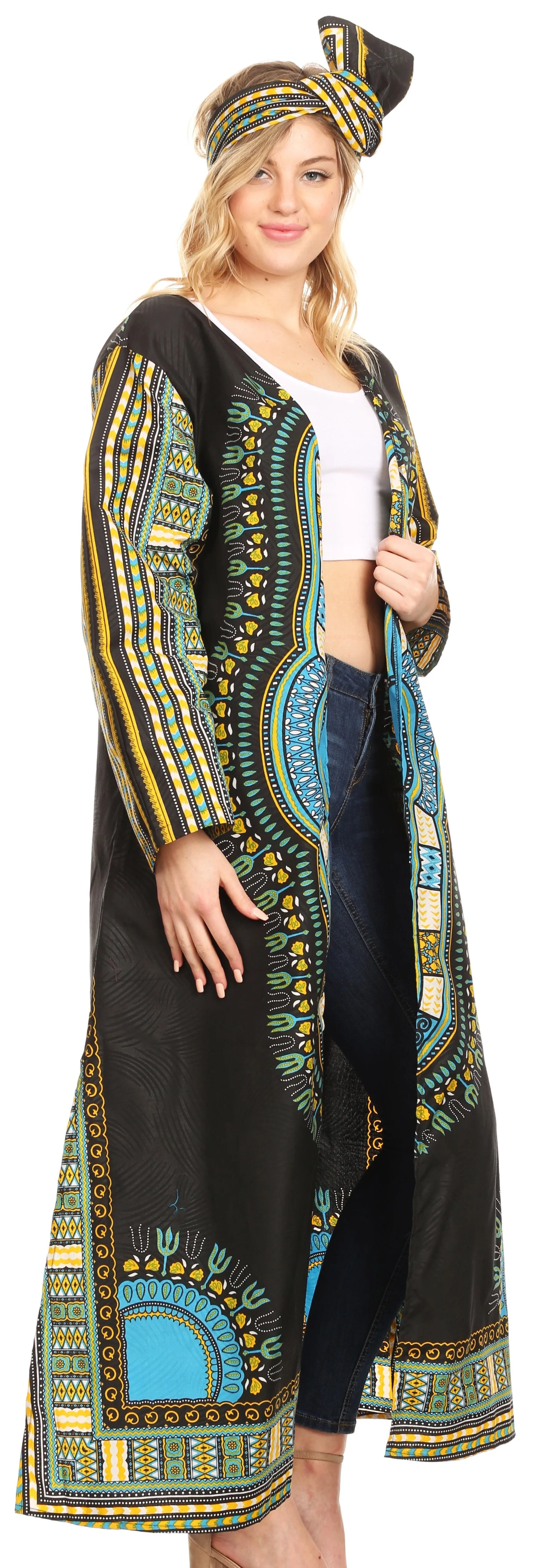 Sakkas Soledad Women's Long Sleeve Open Front Cardigan Dress Coat Dashiki African