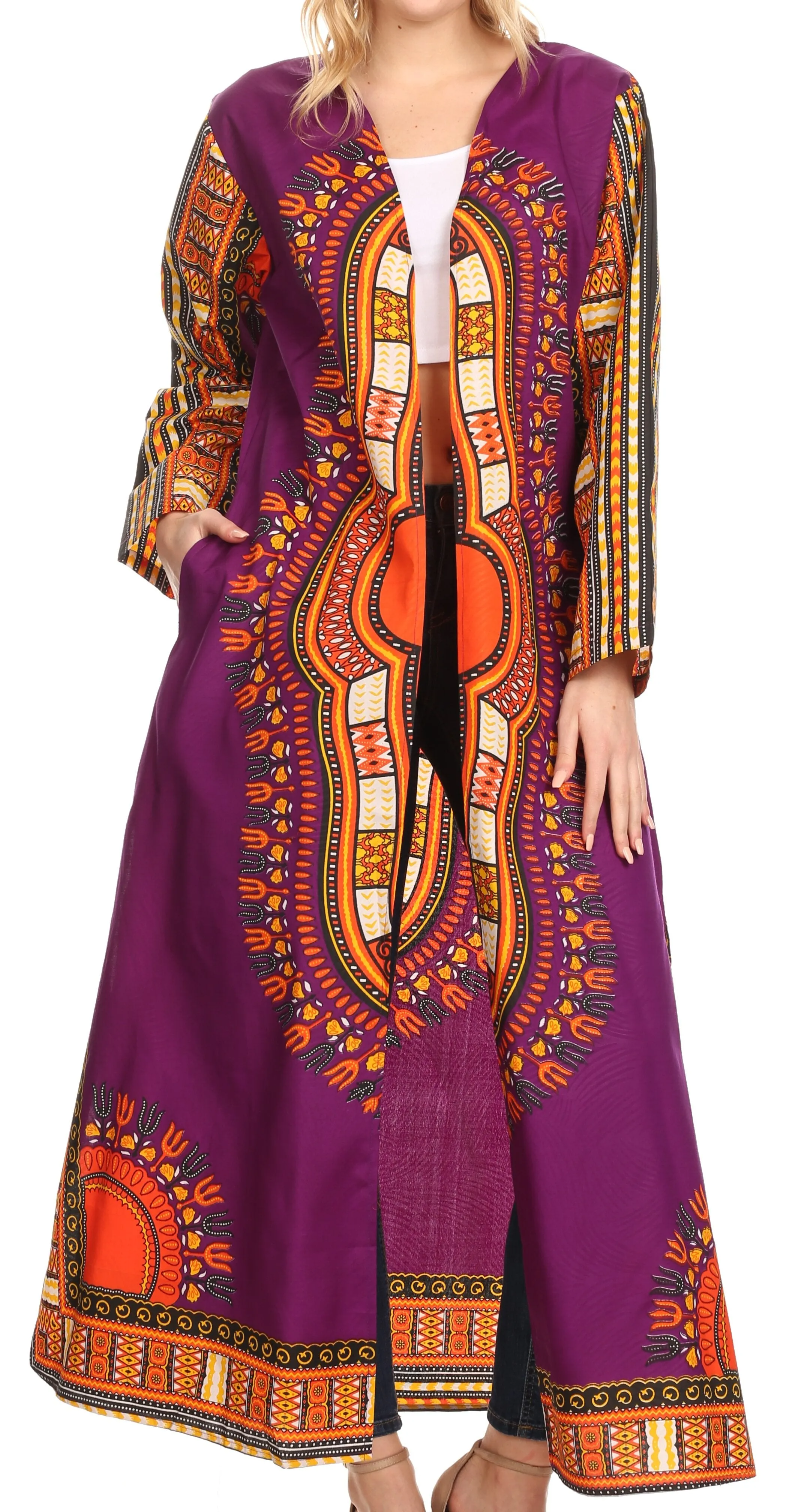 Sakkas Soledad Women's Long Sleeve Open Front Cardigan Dress Coat Dashiki African