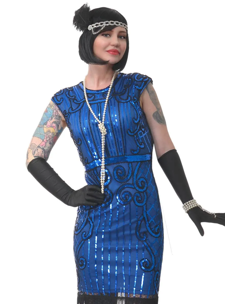 Sassy Blue Sequin Womens Deluxe 1920s Great Gatsby Costume