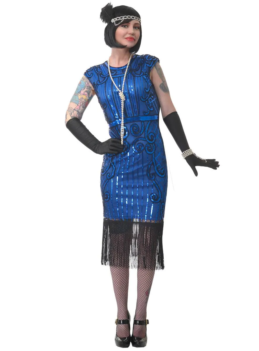 Sassy Blue Sequin Womens Deluxe 1920s Great Gatsby Costume