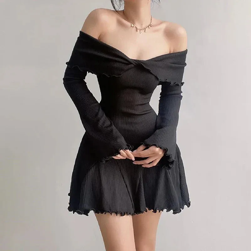 Sexy Backless Strapless Slim A-Line Fashion Streetwear Casual Long Sleeves Mini Solid Dress