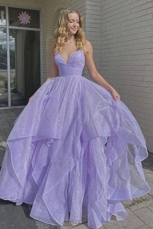 Simple V Neck Tulle Long Prom Dress Lilac Tulle Formal Dress  PSK259