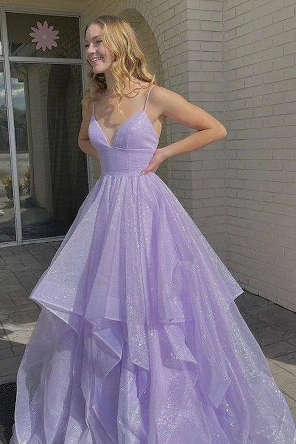 Simple V Neck Tulle Long Prom Dress Lilac Tulle Formal Dress  PSK259