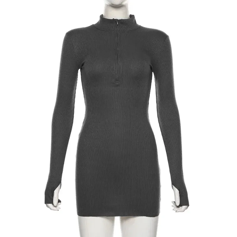 Soft Ribbed Knitted Turtleneck Mini Dress