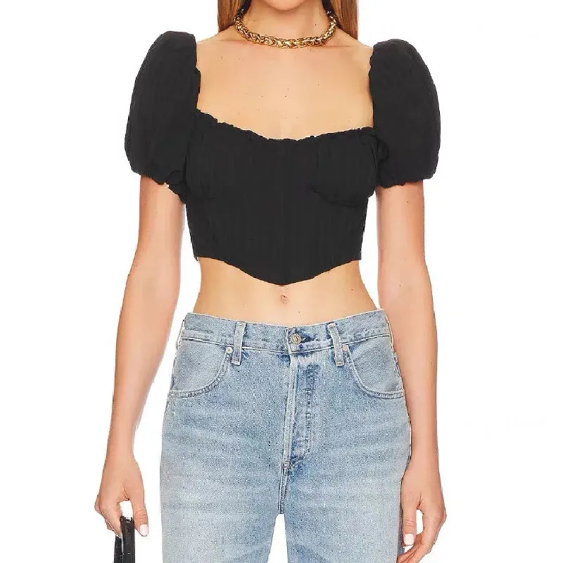 Square Pleated Ruched Cropped Slim Short Blouse