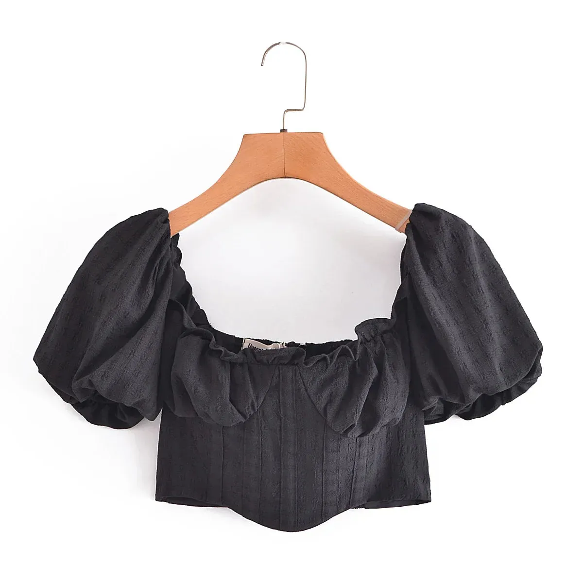 Square Pleated Ruched Cropped Slim Short Blouse