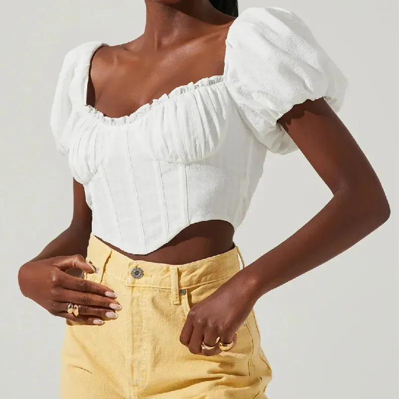 Square Pleated Ruched Cropped Slim Short Blouse