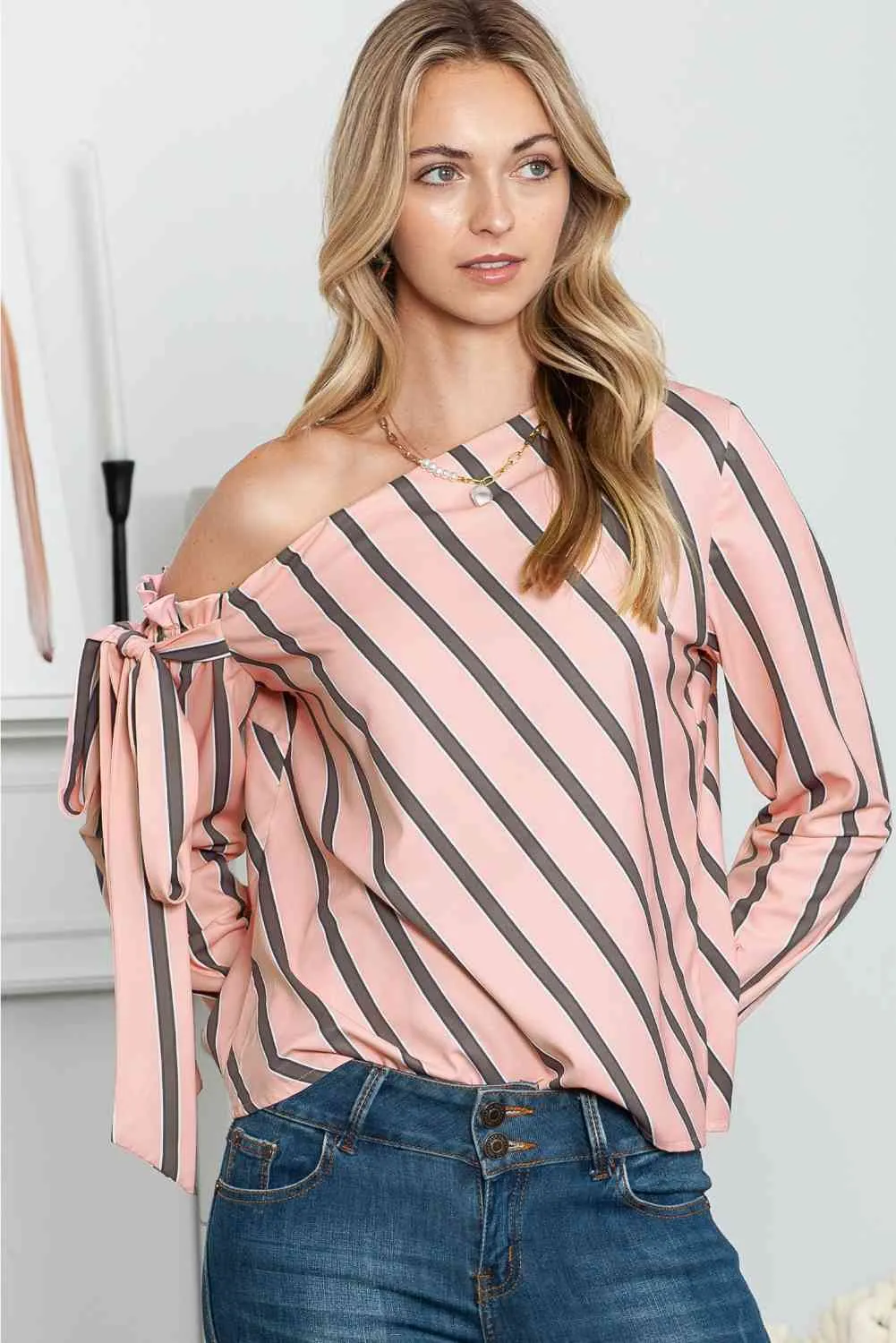 Striped Asymmetrical Long Sleeve Blouse