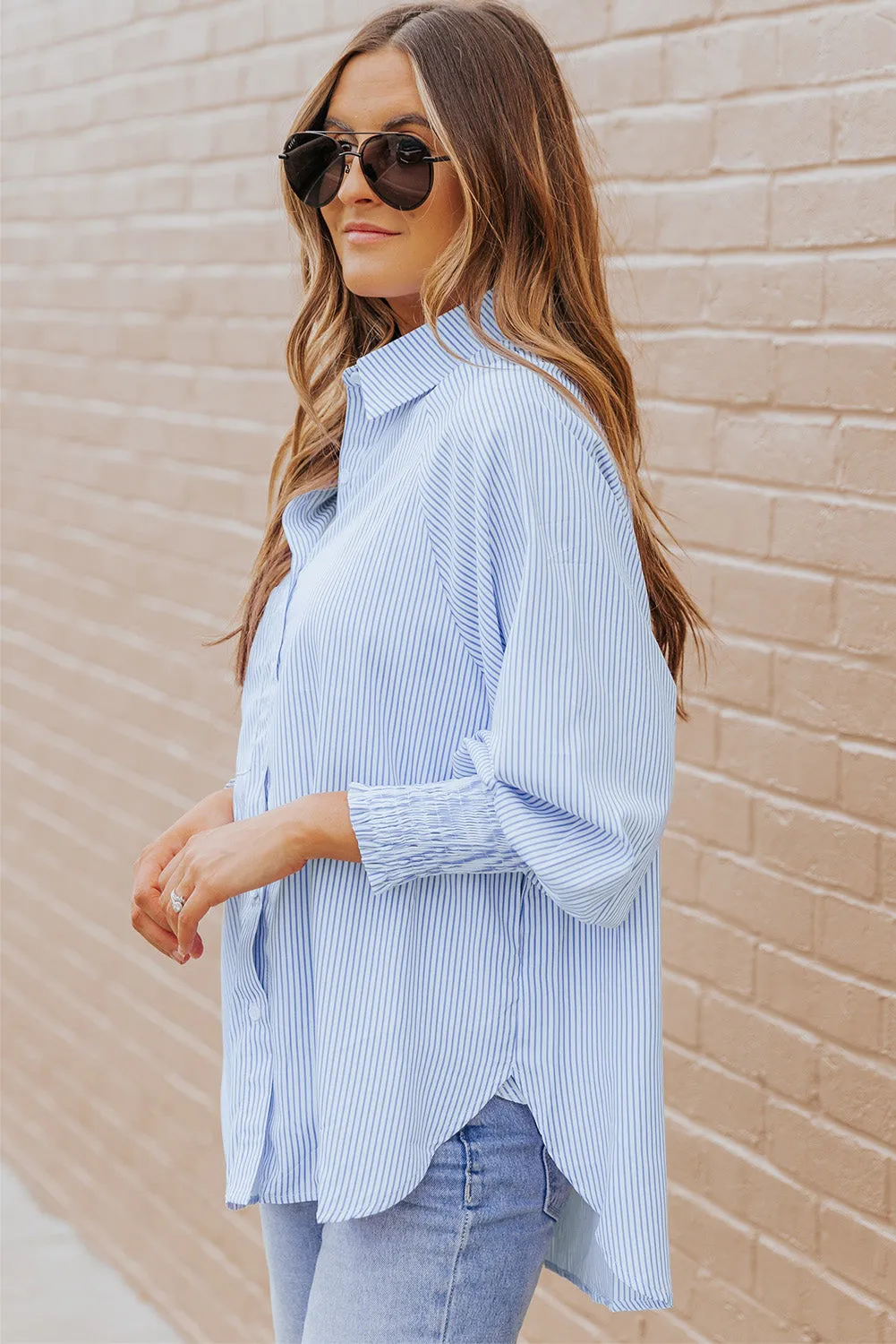 Striped Lantern Sleeve Collared Shirt