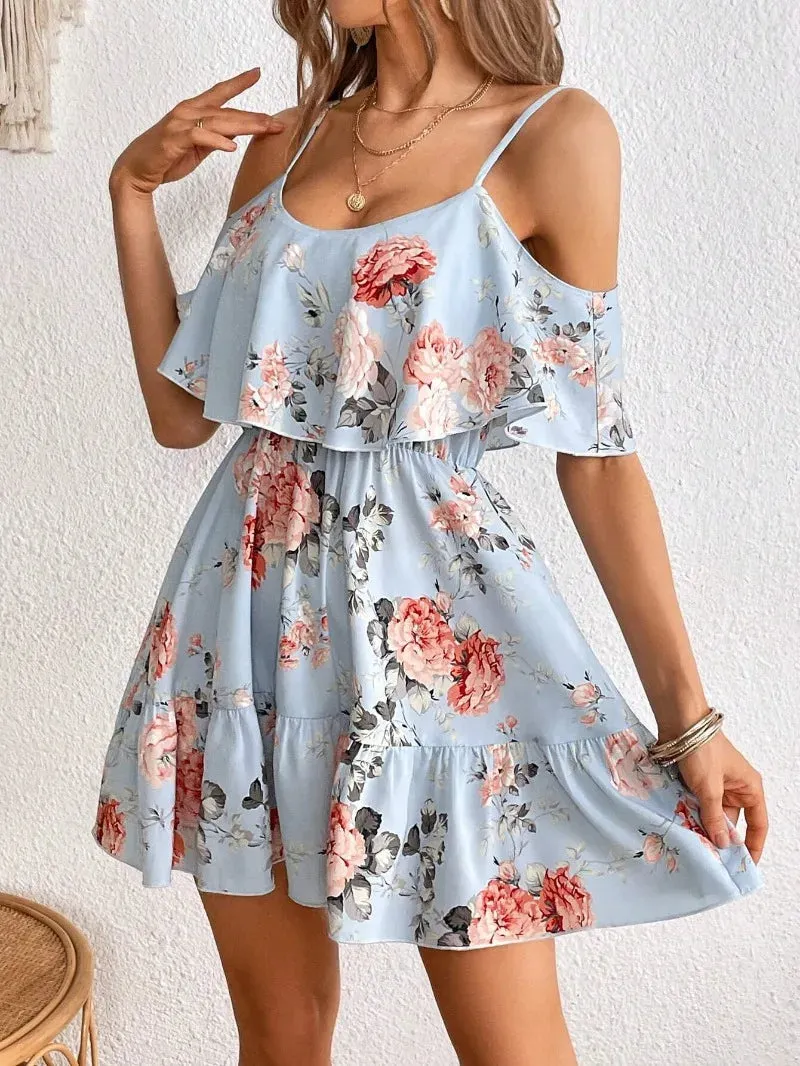 Summer Women's 2024 New Skinny Short Ruffle Sleeves Casual Loose Floral Print Mini Dress