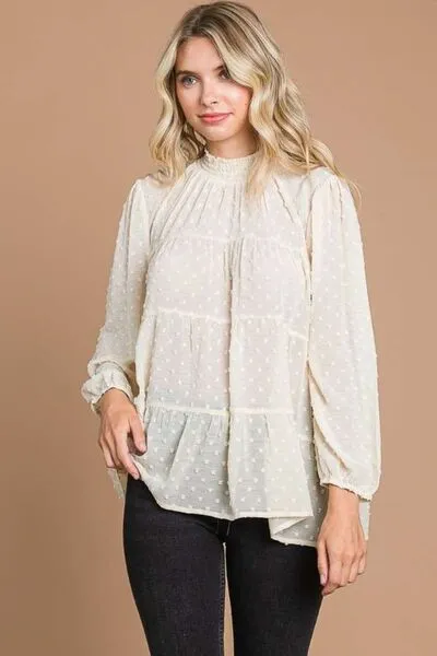 Swiss Dot Smocked Mock Neck Blouse